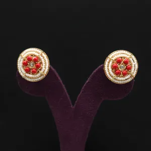 Two Line Chakra Pearl Jadau Kundan Stud Earrings - Coral