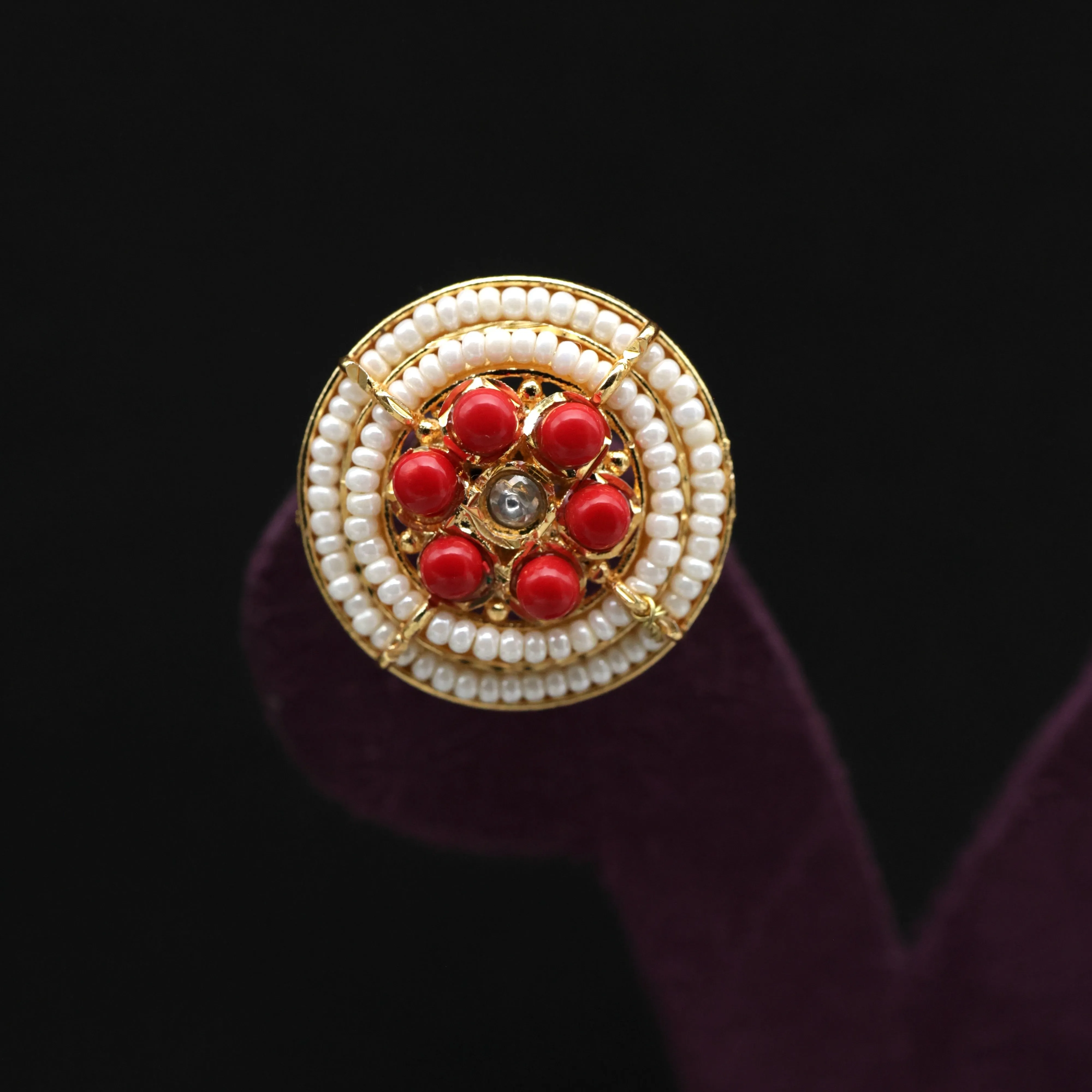Two Line Chakra Pearl Jadau Kundan Stud Earrings - Coral