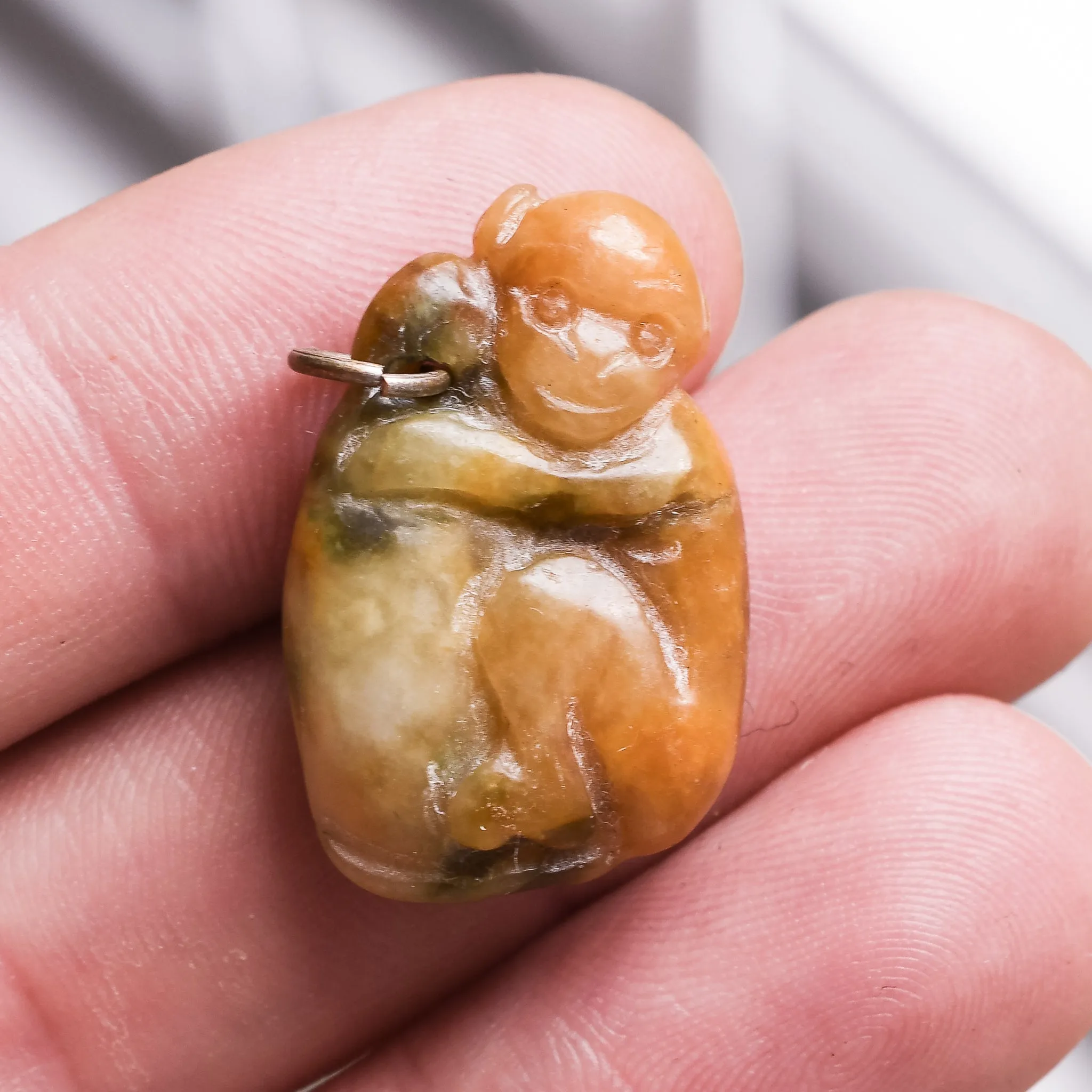 Victorian Carved Jade "Cuddling Monkeys" Pendant