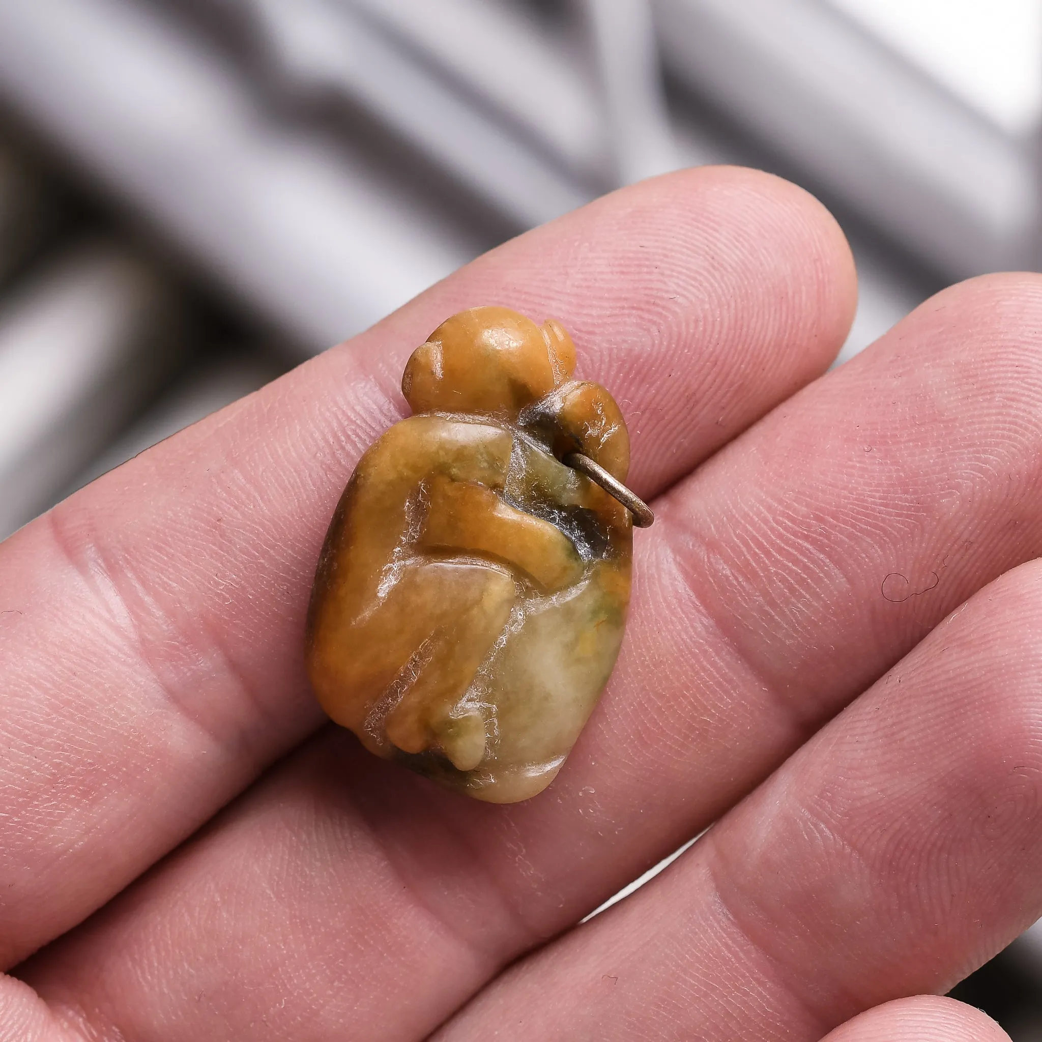 Victorian Carved Jade "Cuddling Monkeys" Pendant