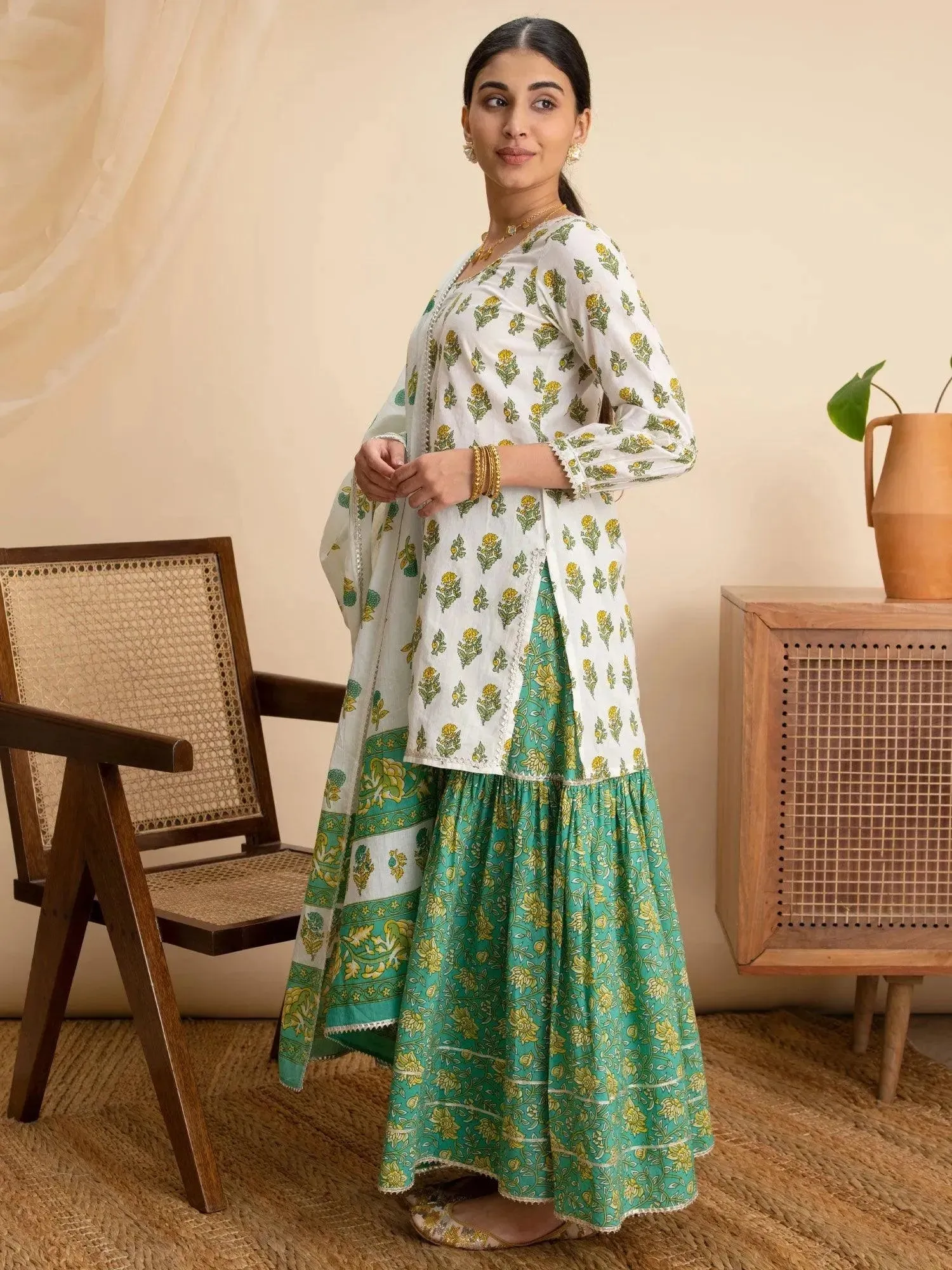 White Printed Cotton Straight Kurta With Sharara & Dupatta