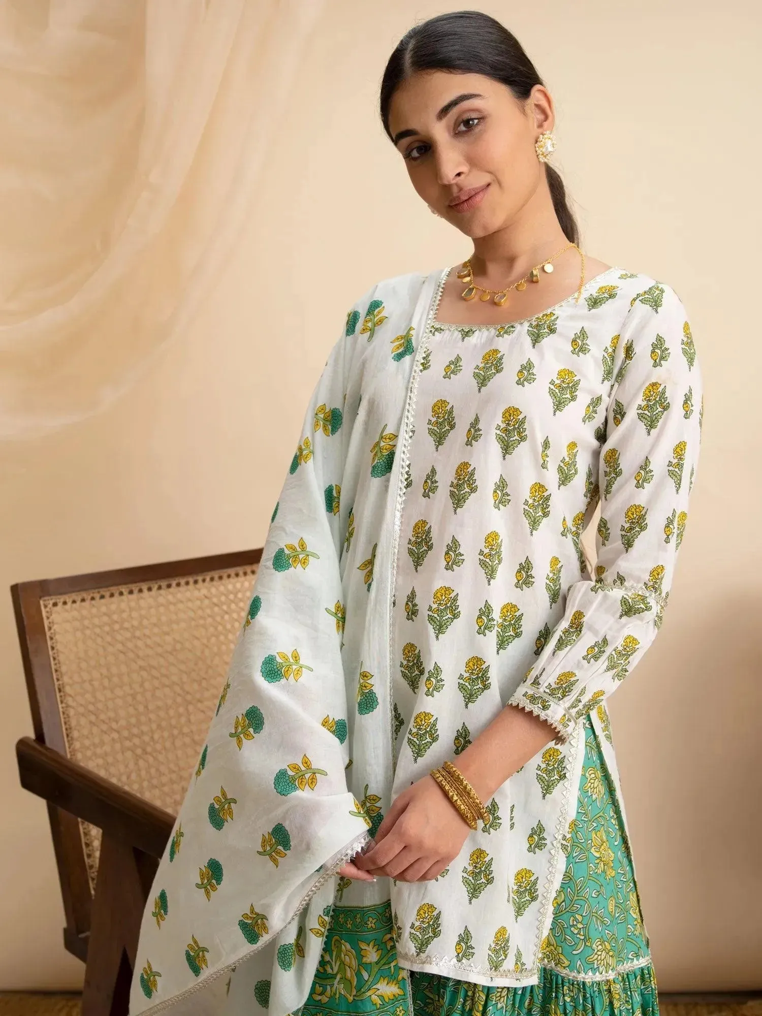 White Printed Cotton Straight Kurta With Sharara & Dupatta