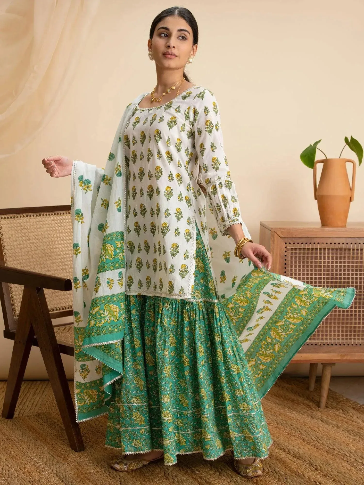 White Printed Cotton Straight Kurta With Sharara & Dupatta