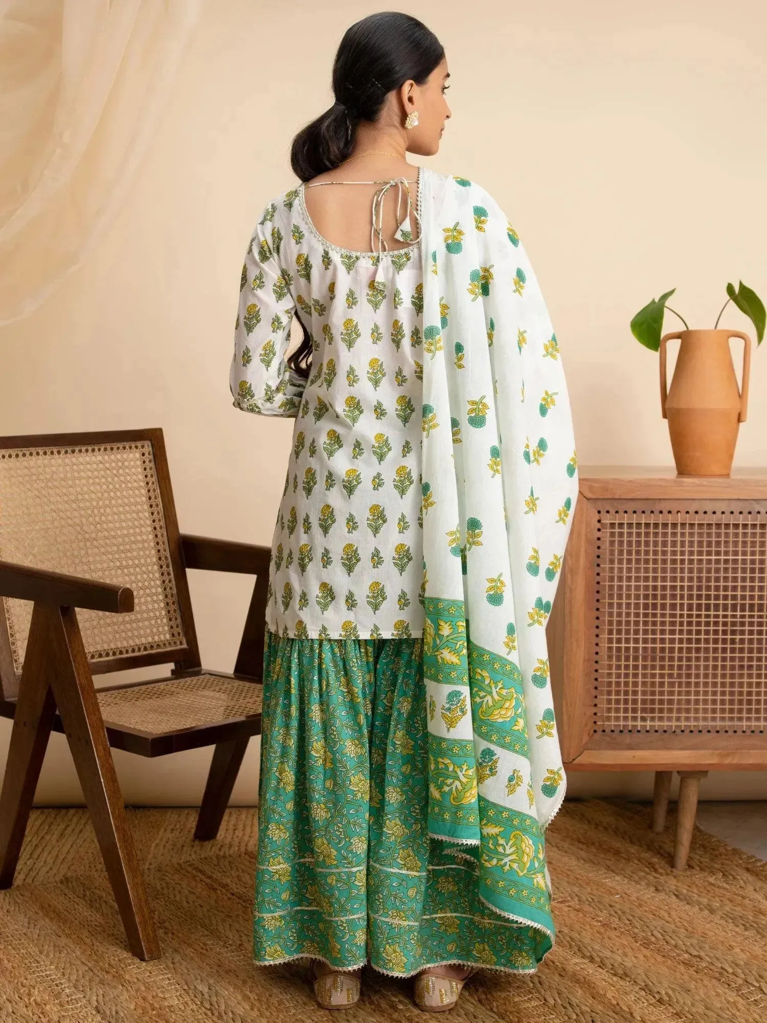 White Printed Cotton Straight Kurta With Sharara & Dupatta