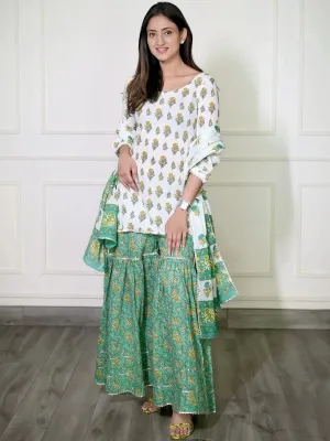 White Printed Cotton Straight Kurta With Sharara & Dupatta