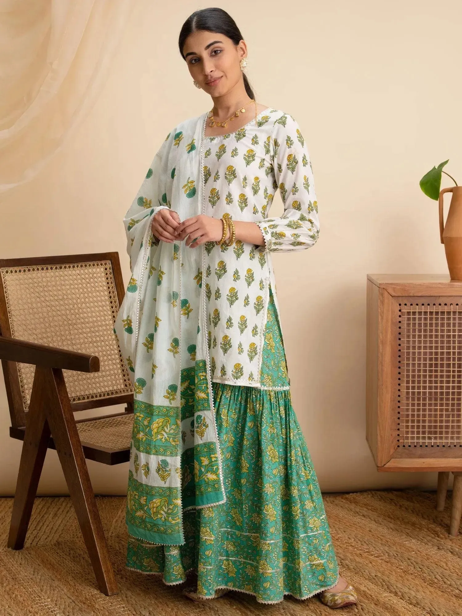White Printed Cotton Straight Kurta With Sharara & Dupatta