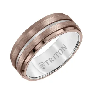 WILLOW 8MM Brown & White Tungsten Carbide Ring - Satin Finish with Center Line