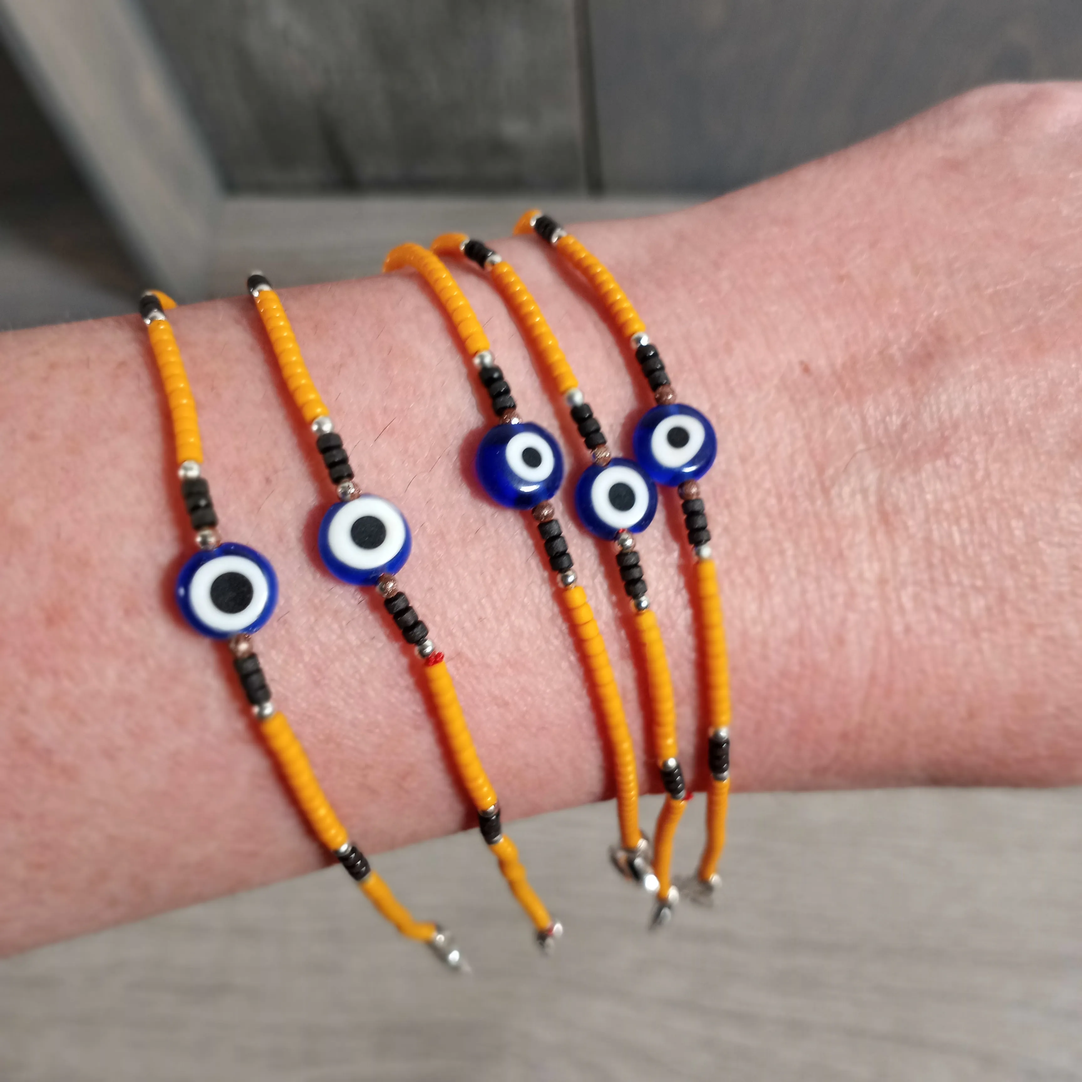 Wooden Bracelet Beaded with Lobster Claw Evil Eye