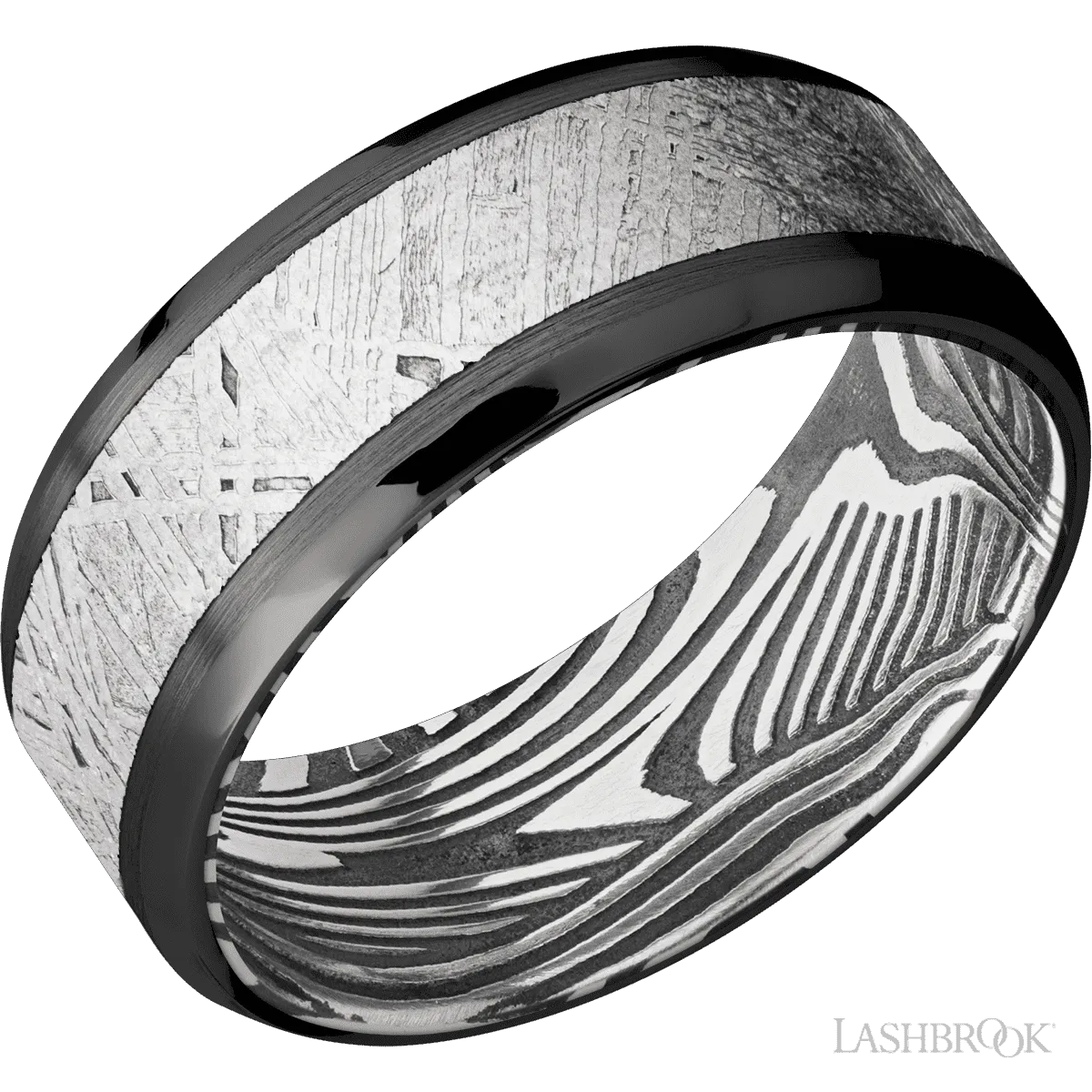 Zirconium with Satin, Polish Finish and Meteorite Inlay and Sunset - 8MM
